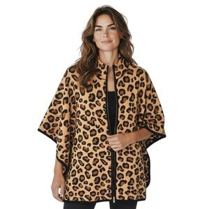Tahari Size S/M Leopard Patterned Zip Front Poncho Cape Jacket